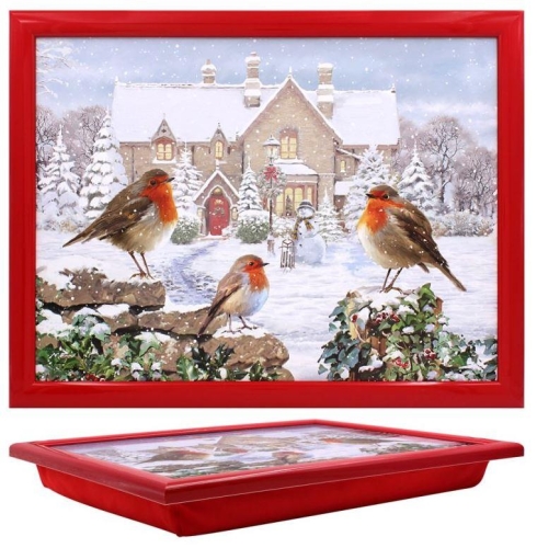 Christmas Robins Laptray Red Frame Winter Scene for Meals Laptop or Reading Use