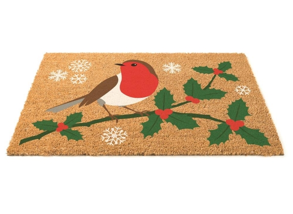 Coir Mat Christmas Robin 60x40cm Holiday Decor Rubber Backing Indoor Outdoor