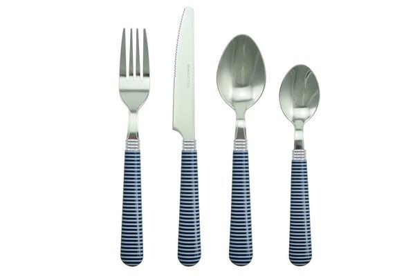 Stainless Steel Cutlery Set 16pc Blue and White Stripe Fork Knife Spoon Teaspoon