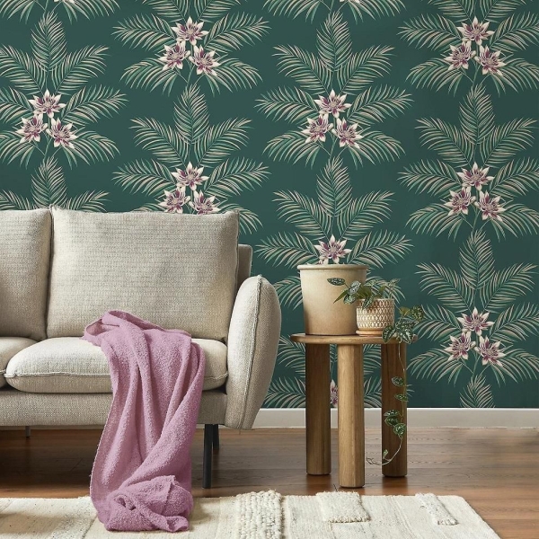 Bali Tropical Floral Emerald Wallpaper