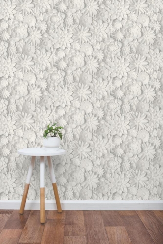 Floral White Wallpaper 10m x 52cm Washable Peelable UK Dimensions Grey Design