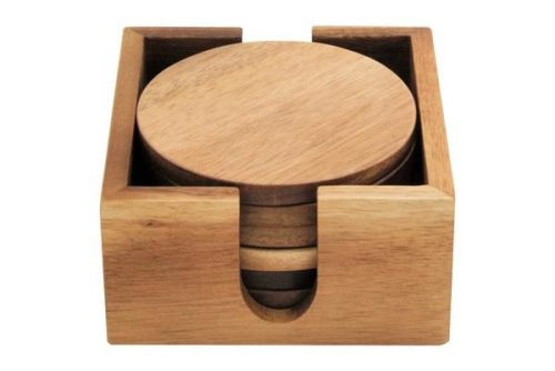 Acacia Coaster Set of 6 with Round Holder Natural Wood 10cm Protects Surfaces