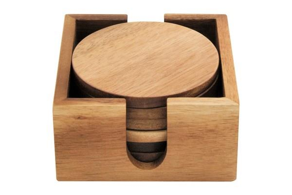 Acacia Coaster Set of 6 with Round Holder Natural Wood 10cm Protects Surfaces