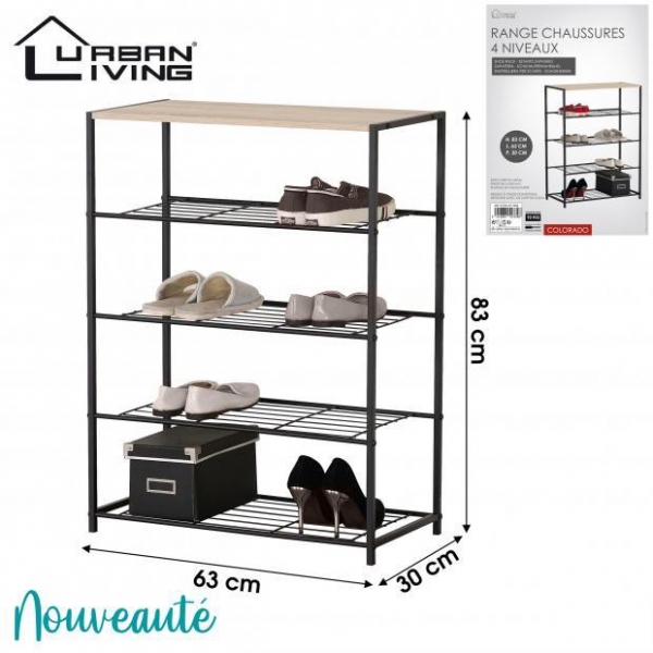 Wood and Black Metal Shoes Shelf 4 Tier