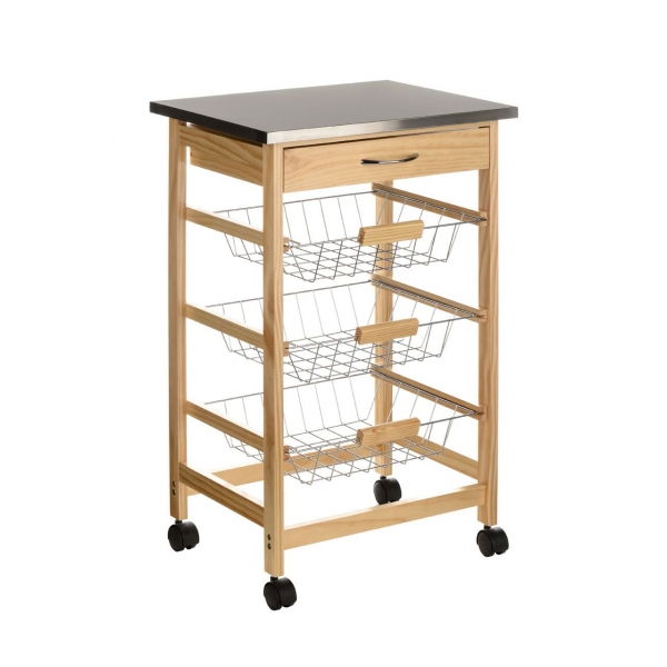 Pinewood Kitchen Trolley S Steel Top with 1 Drawer and 3 Wire Baskets