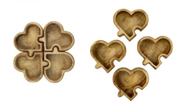 Set of 4 Heart Shape Jigsaw Bowls 100 Percent Mango Wood Snack Serving Decor