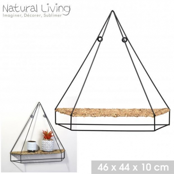 Wall Shelf In Triangle Shape Black Metal and Rope Structure