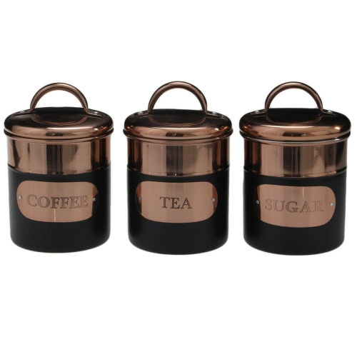 Set of 3 Copper Black Steel Tea Coffee Sugar Storage Tins