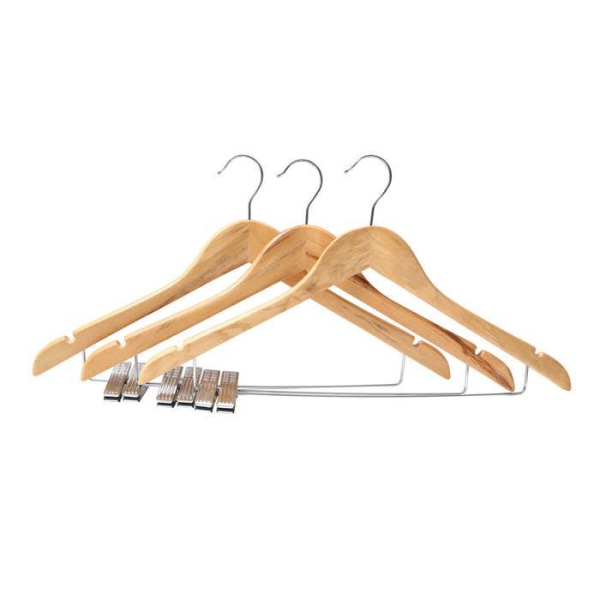 3pc Wooden Clothes Hanger Set with Clips Sturdy Design for Skirts and Trousers