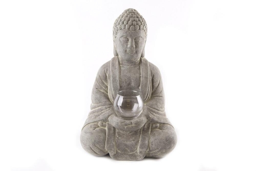Lovely Large Buddha in Grey Sandstone Effect With Glass Tealight Holder