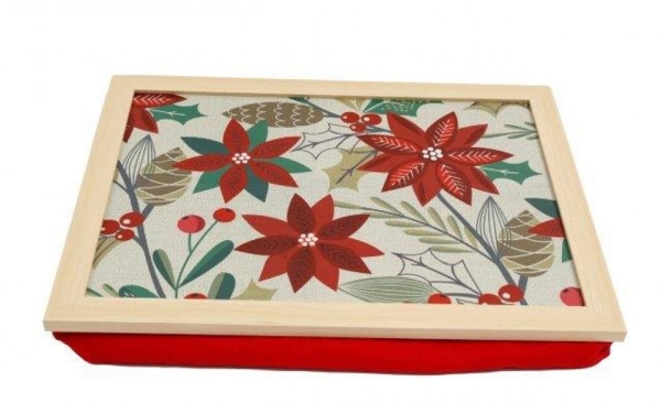 Festive Poinsettia Lap Tray 43x32cm Medium Wood Cushion for Indoor Use