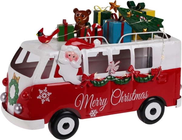 Christmas Santa Claus Figurine in Red White Van with LED Lights 31.5cm x 11.5cm