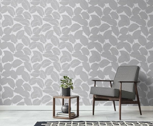 Larson Leaf Grey Silver Wallpaper