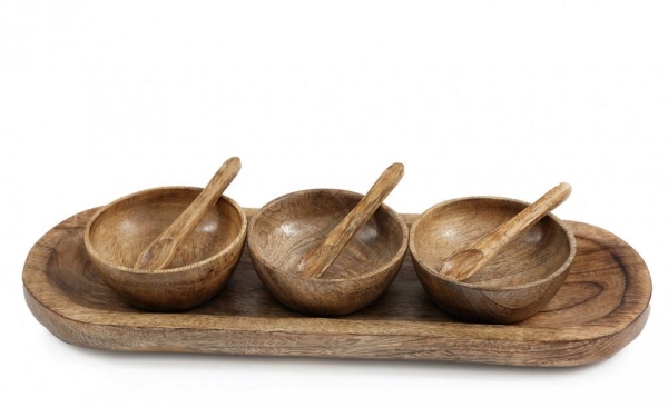 Set of 3 Wooden Bowls on Tray 38cm