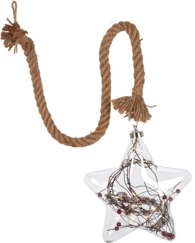 GLASS STAR WITH BERRIES ON ROPE 20CM