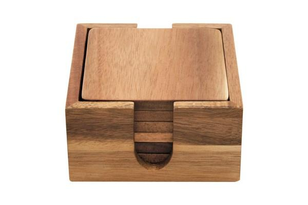 Acacia Coaster Set of 6 with Square Holder Natural Wood 10cm Protects Surfaces