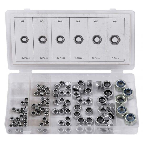 100pc Locknut Assortment High Vibration Resistance Durable Metal Silver