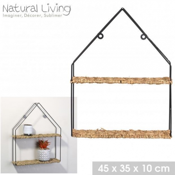 Wall Shelf In House Shape Black Metal and Rope Structure