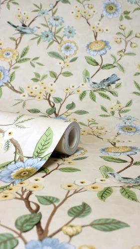 Eleanor Floral Birds Natural Wallpaper 10.05m Washable Nature Inspired Design