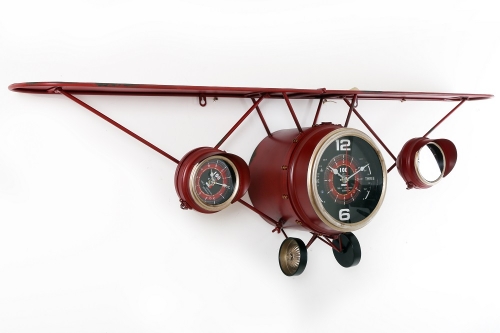 125X40Cm Metal Red Plane Shape Wall Hanging Clock With Shelf With 3 Clocks