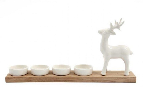 Medium Size Deer T Light Holder 4 Porcelain Bowls with Wood Tray Indoor Use 34cm