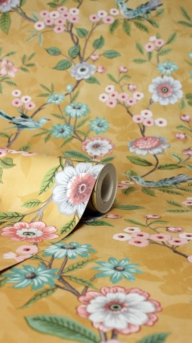 Eleanor Floral Ochre Wallpaper 10m x 52cm Washable Peelable Floral Design