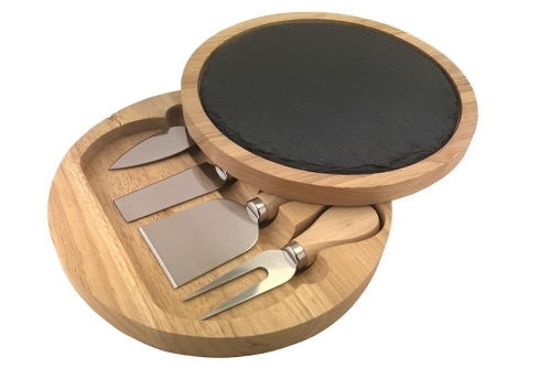 20cm Wood Cheese Box with Slate Top and 4 Knives Set for Cutting and Serving