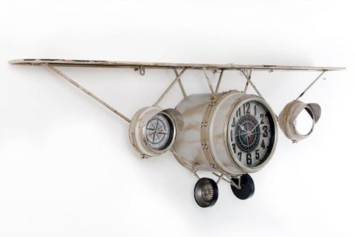125X40Cm Vintage Metal Cream Plane Shape Wall Hanging Clock With Shelf With 3 Clocks