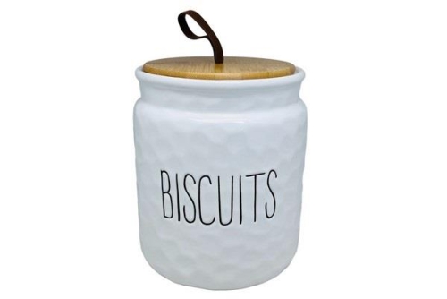 Dimples White Biscuit Jar Ceramic Storage with Wooden Lid Elegant Design