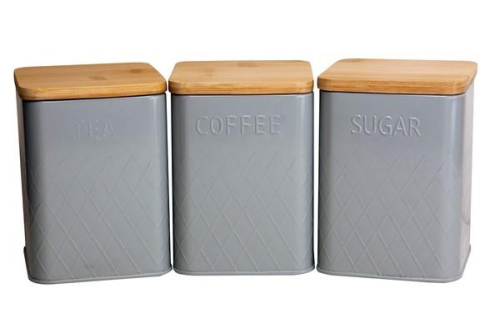 Canister Set of 3 Square Bamboo Lids Grey Airtight Metal Base Kitchen Storage