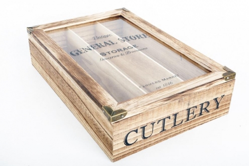 General Store Wooden Cutlery Tray With Glass Top