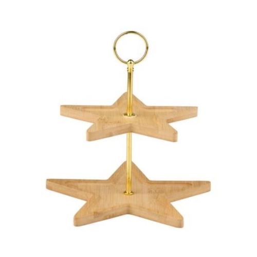 Christmas Star 2 Tier Serving Stand 22cm Wooden and Gold Metal Festive Display