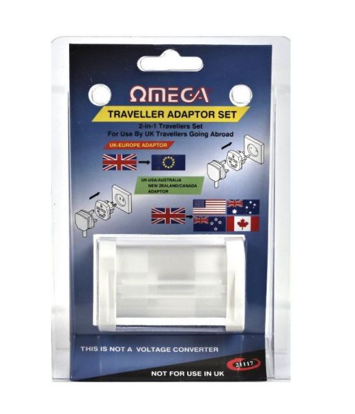 Omega 2 in 1 Travel Adaptor Set Convert UK 3 Pin to Worldwide USA Australia New Zealand Canada Europe Sockets